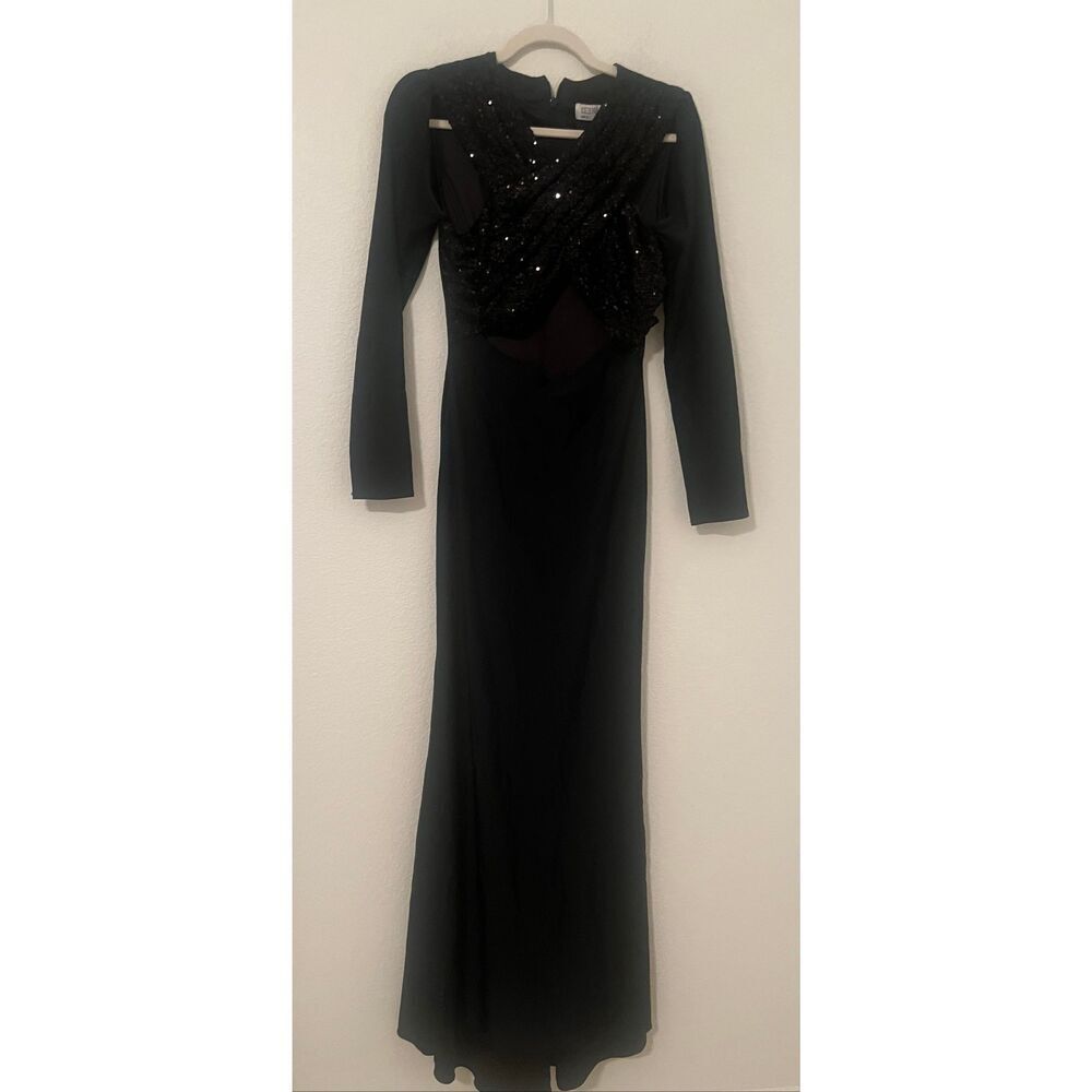 Mac Duggal Black Sequin Bodice Long Sleeve Gown | Formal Evening Dress | NWT